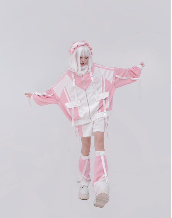 Jirai Kei Fashion Cyberpunk Techwear Set Purple Pink Blue Cat Ear Oversized Streetwear Edgy Outfit