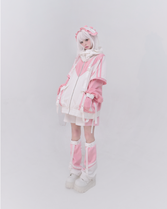 Jirai Kei Fashion Cyberpunk Techwear Set Purple Pink Blue Cat Ear Oversized Streetwear Edgy Outfit