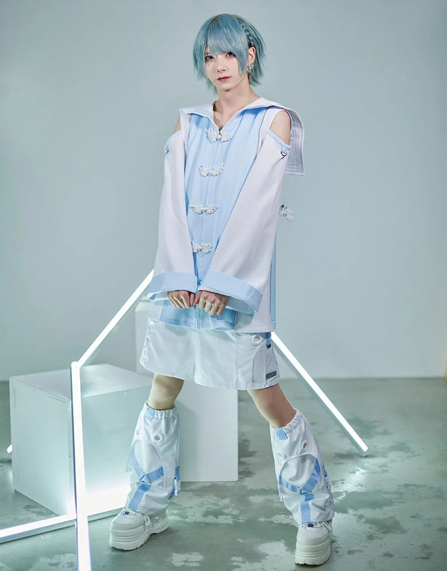 Jirai Kei Fashion Cyberpunk Techwear Set White Black Futuristic Shorts Jacket Oversized Sleeve Harajuku Streetwear Edgy Daily Outfit