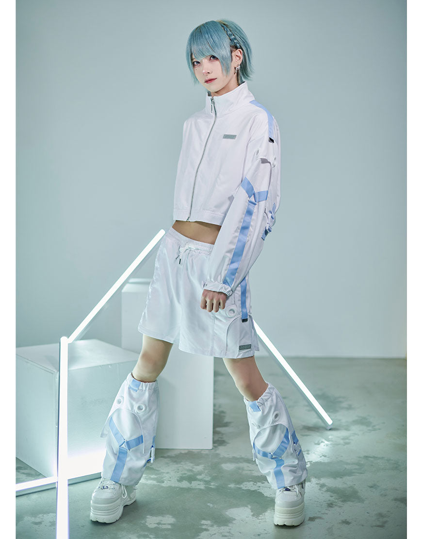 Jirai Kei Fashion Cyberpunk Techwear Set White Black Futuristic Shorts Jacket Oversized Sleeve Harajuku Streetwear Edgy Daily Outfit
