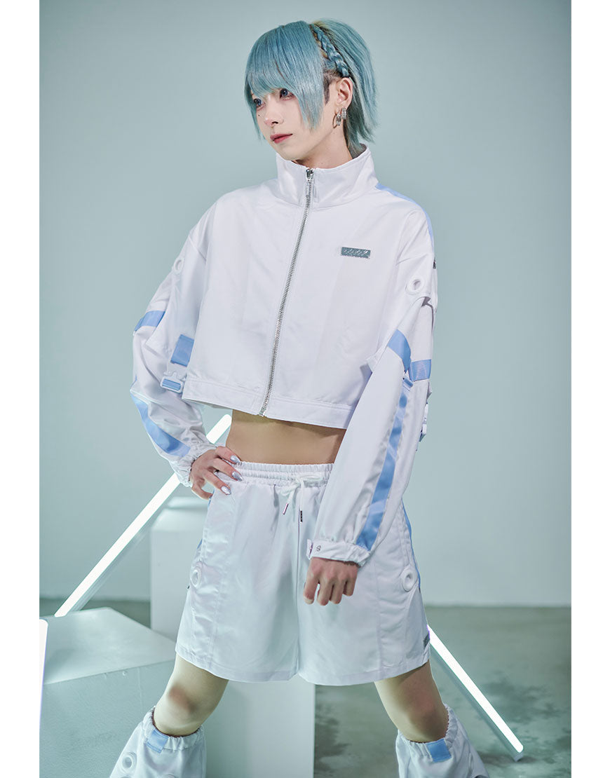 Jirai Kei Fashion Cyberpunk Techwear Set White Black Futuristic Shorts Jacket Oversized Sleeve Harajuku Streetwear Edgy Daily Outfit
