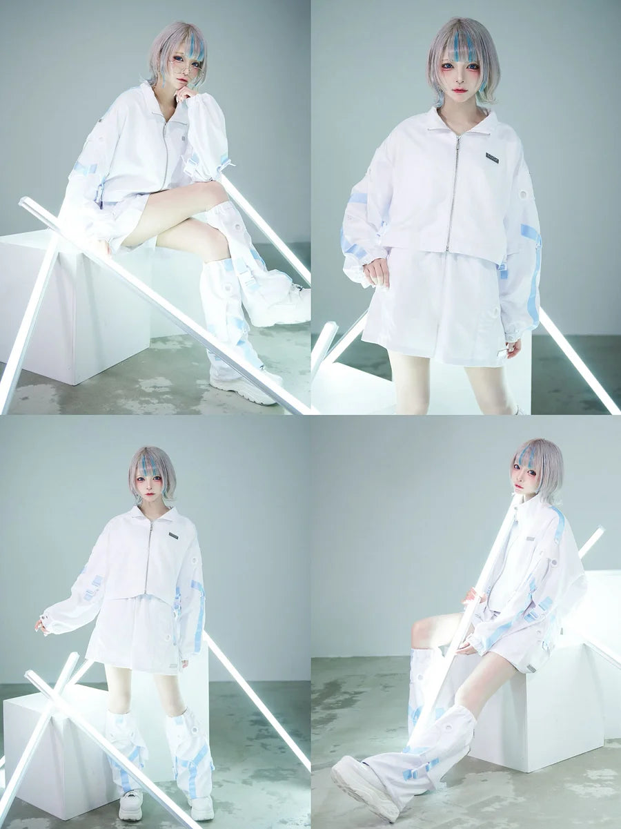 Jirai Kei Fashion Cyberpunk Techwear Set White Black Futuristic Shorts Jacket Oversized Sleeve Harajuku Streetwear Edgy Daily Outfit