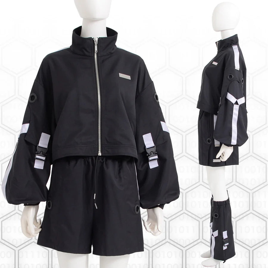 Jirai Kei Fashion Cyberpunk Techwear Set White Black Futuristic Shorts Jacket Oversized Sleeve Harajuku Streetwear Edgy Daily Outfit