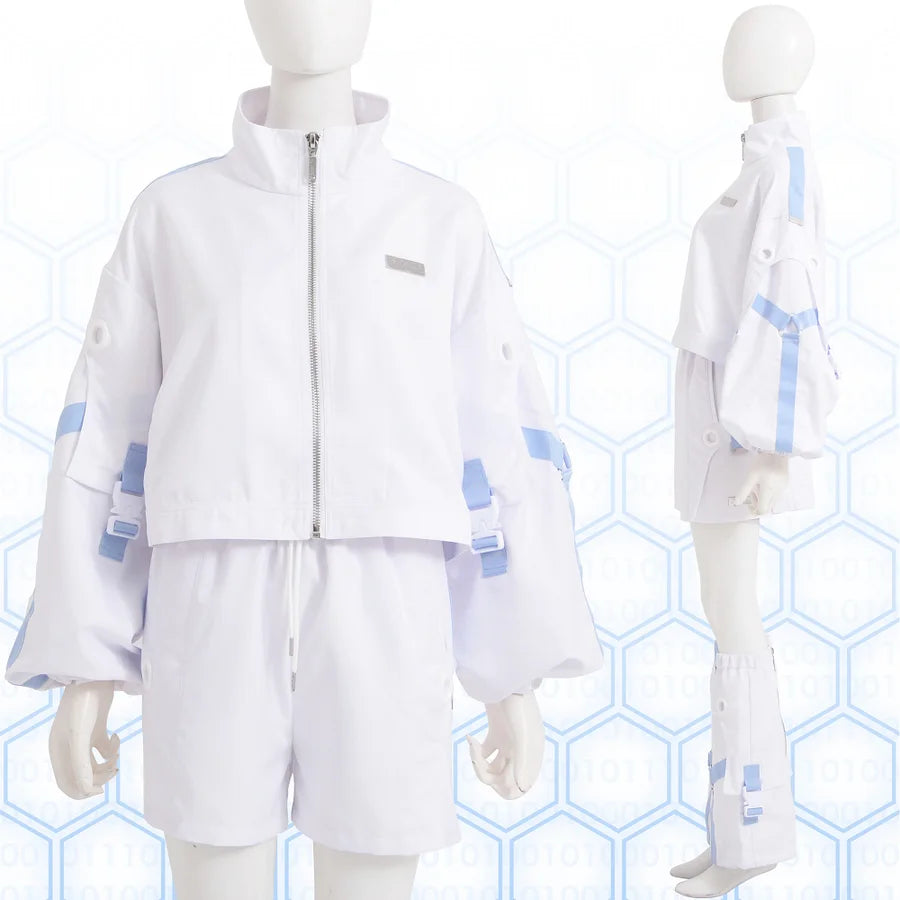 Jirai Kei Fashion Cyberpunk Techwear Set White Black Futuristic Shorts Jacket Oversized Sleeve Harajuku Streetwear Edgy Daily Outfit