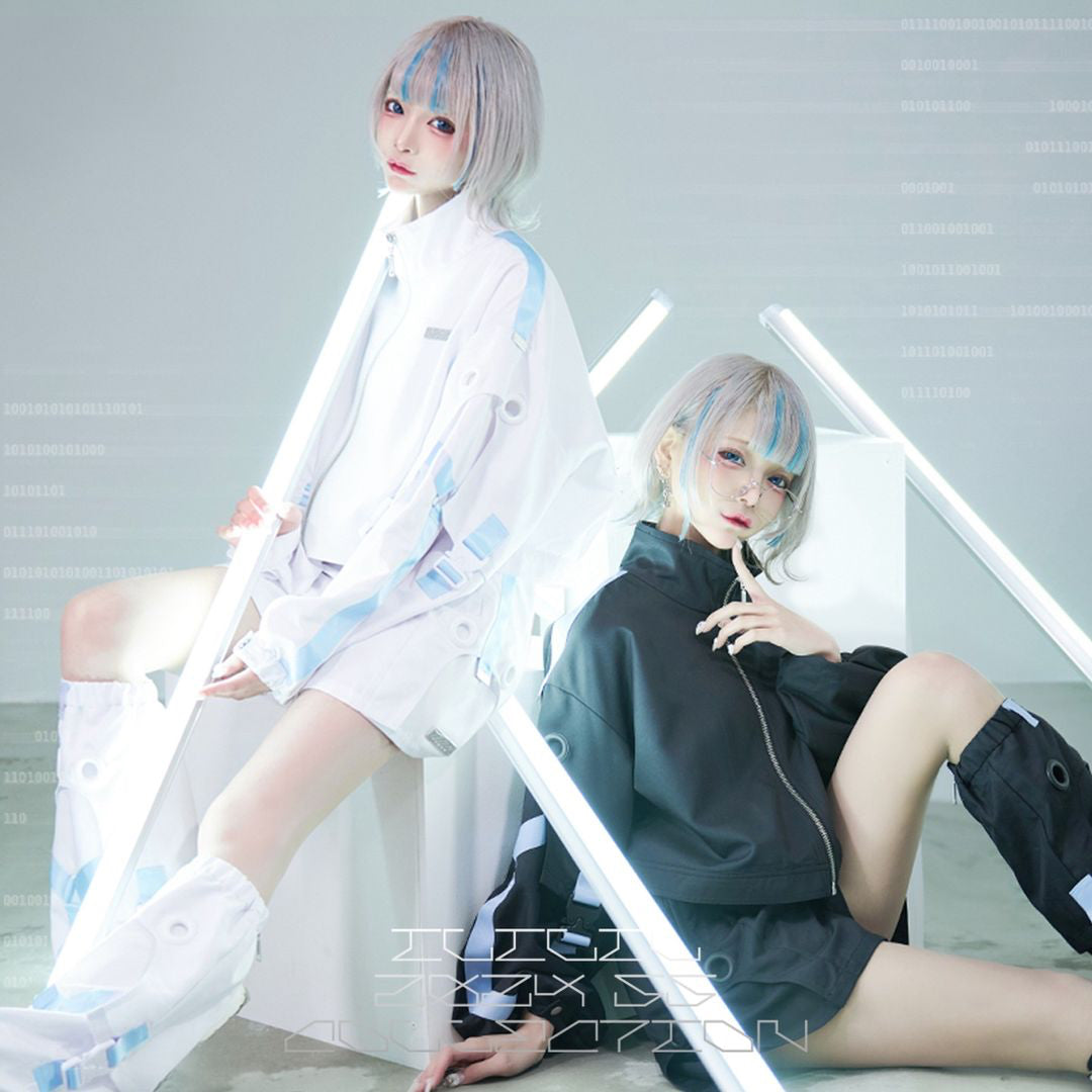 Jirai Kei Fashion Cyberpunk Techwear Set White Black Futuristic Shorts Jacket Oversized Sleeve Harajuku Streetwear Edgy Daily Outfit