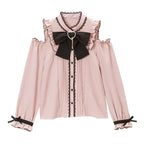 Jirai Kei Fashion Goth Lolita Ruffled Off Shoulder Blouse Pink White Grey Purple Lace Trimmed Sweet
