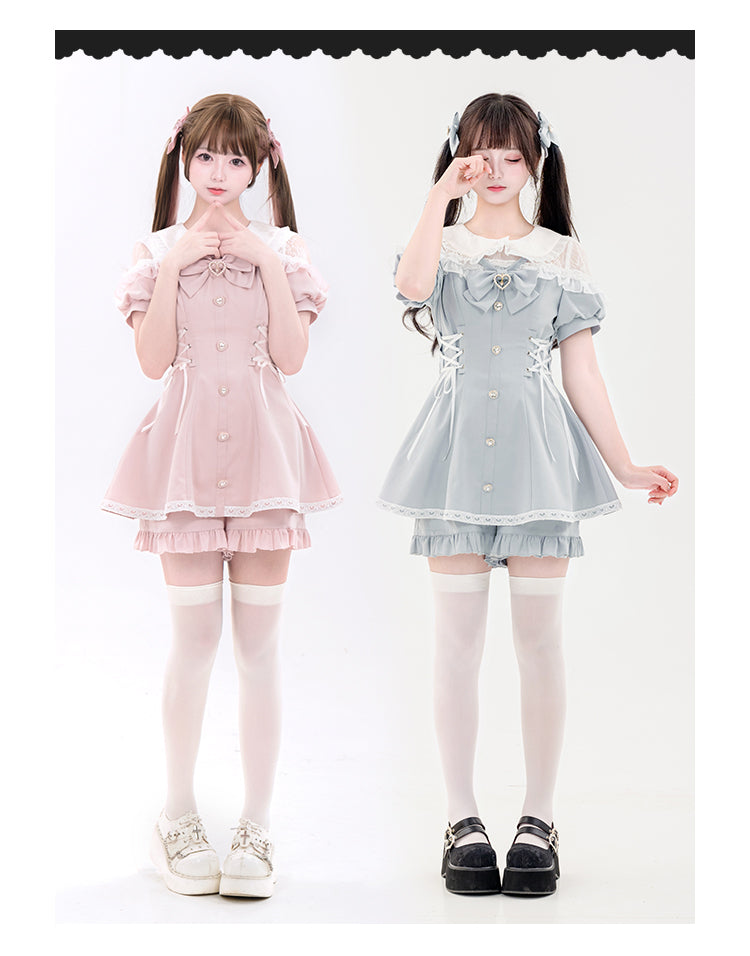 Jirai Kei Fashion Kawaii Lolita Set Pink Blue Ruffled Dress Shorts Streetwear Outfit