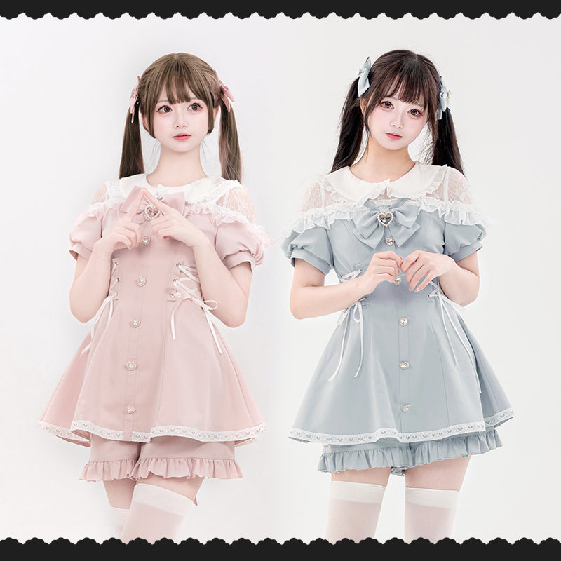 Jirai Kei Fashion Kawaii Lolita Set Pink Blue Ruffled Dress Shorts Streetwear Outfit