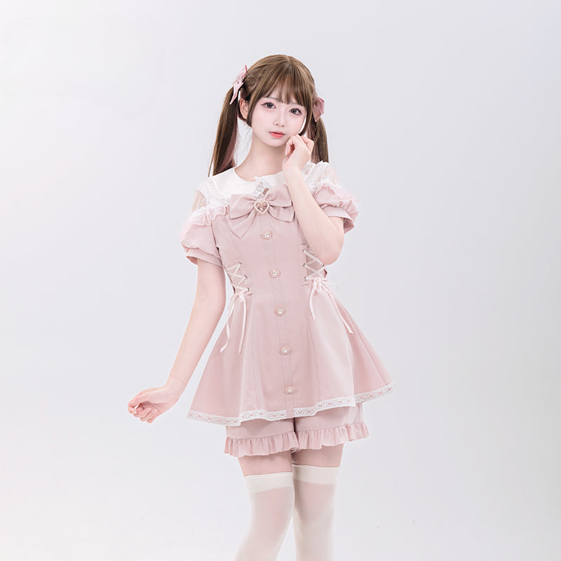 Jirai Kei Fashion Kawaii Lolita Set Pink Blue Ruffled Dress Shorts Streetwear Outfit