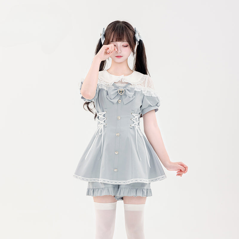 Jirai Kei Fashion Kawaii Lolita Set Pink Blue Ruffled Dress Shorts Streetwear Outfit