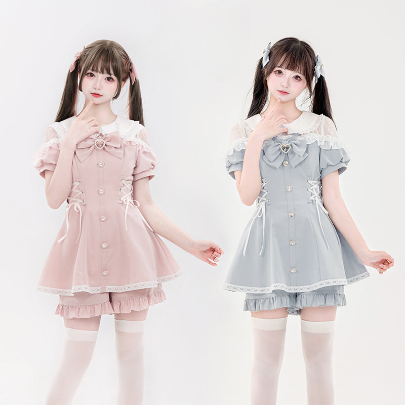 Jirai Kei Fashion Kawaii Lolita Set Pink Blue Ruffled Dress Shorts Streetwear Outfit