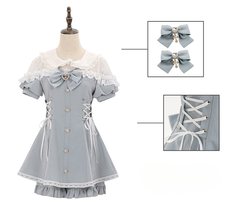 Jirai Kei Fashion Kawaii Lolita Set Pink Blue Ruffled Dress Shorts Streetwear Outfit