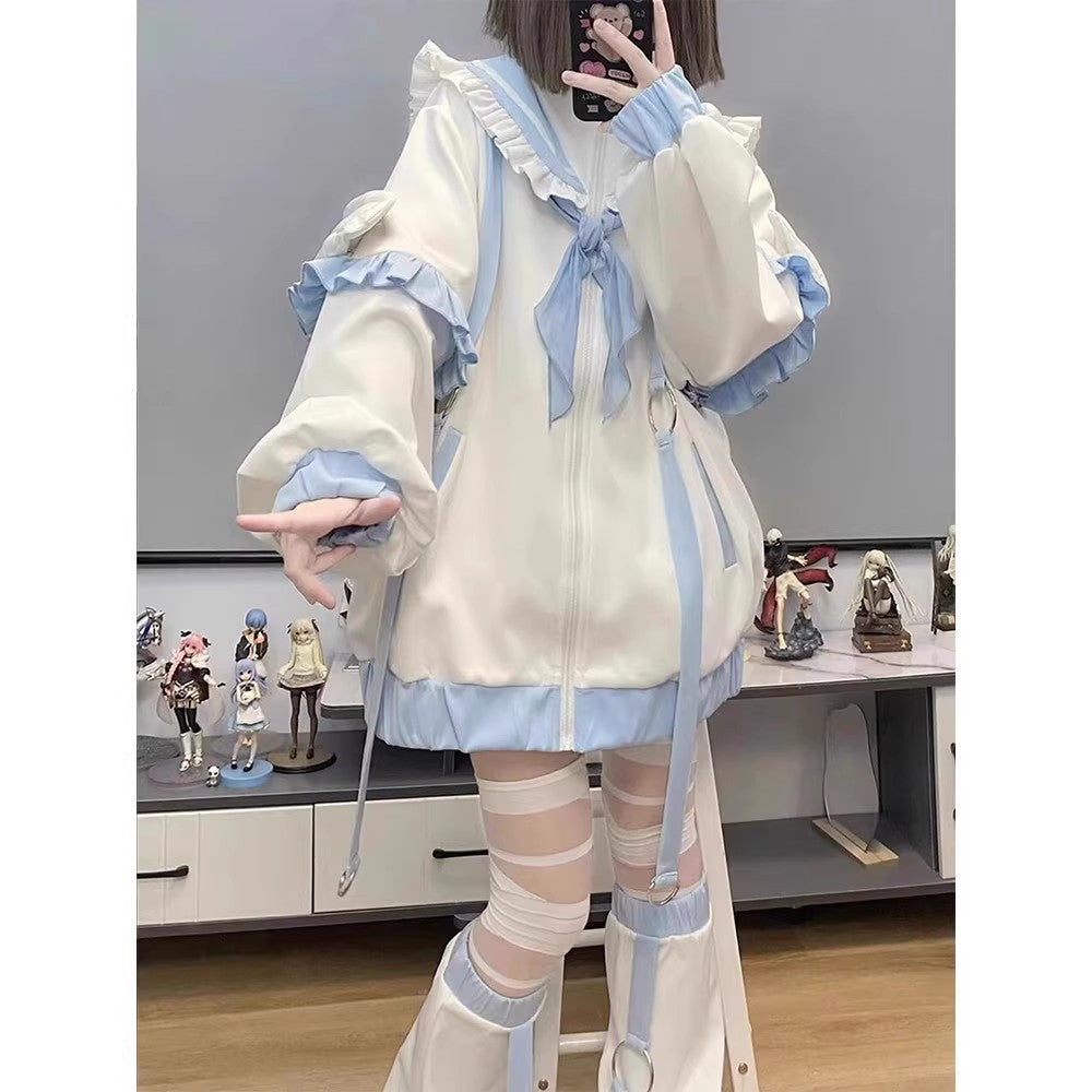 Jirai Kei Fashion Kawaii Techwear Set Baby Blue Ruffled Jacket Strap Pants Streetwear Outfit