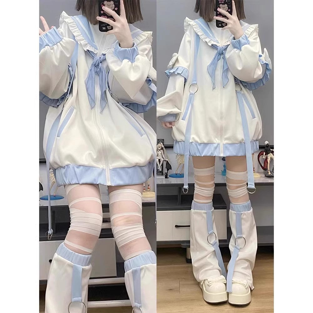Jirai Kei Fashion Kawaii Techwear Set Baby Blue Ruffled Jacket Strap Pants Streetwear Outfit