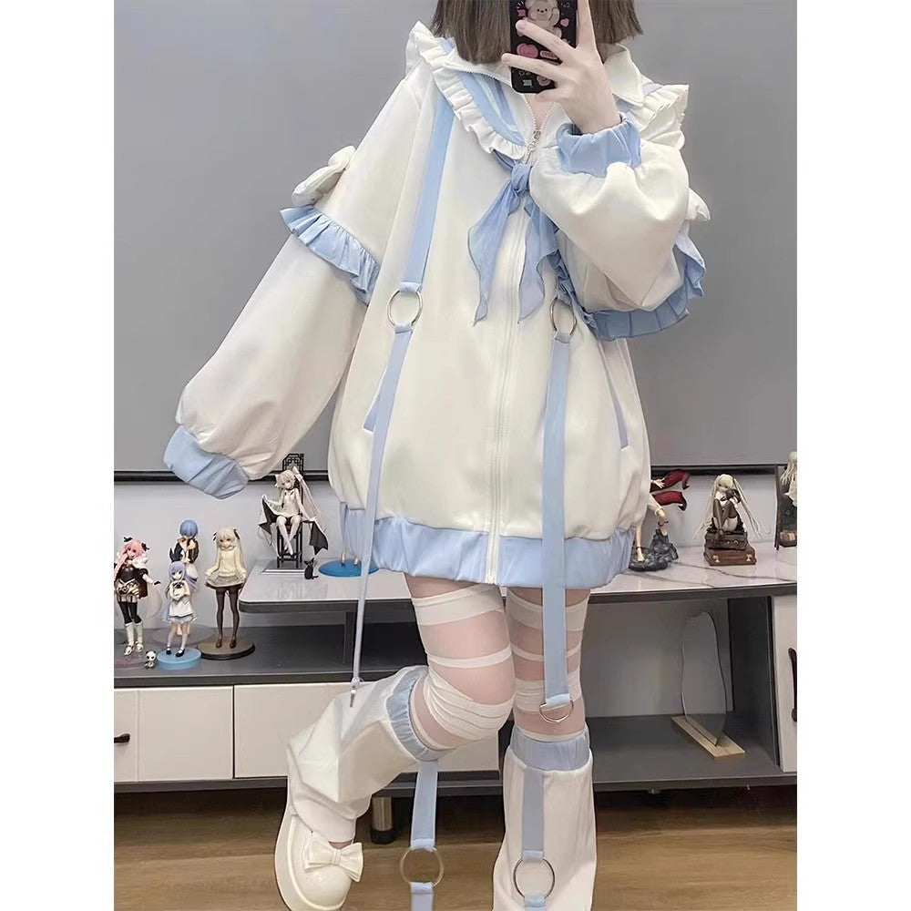 Jirai Kei Fashion Kawaii Techwear Set Baby Blue Ruffled Jacket Strap Pants Streetwear Outfit