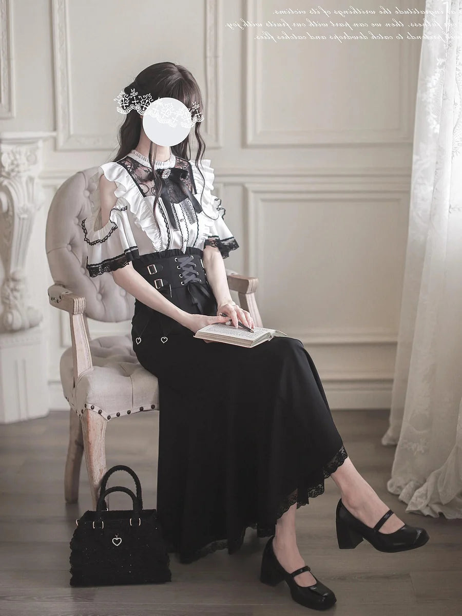 Jirai Kei Fashion Lolita Ruffled Off Shoulder Corset Skirt Set Black White Lace Set Dress