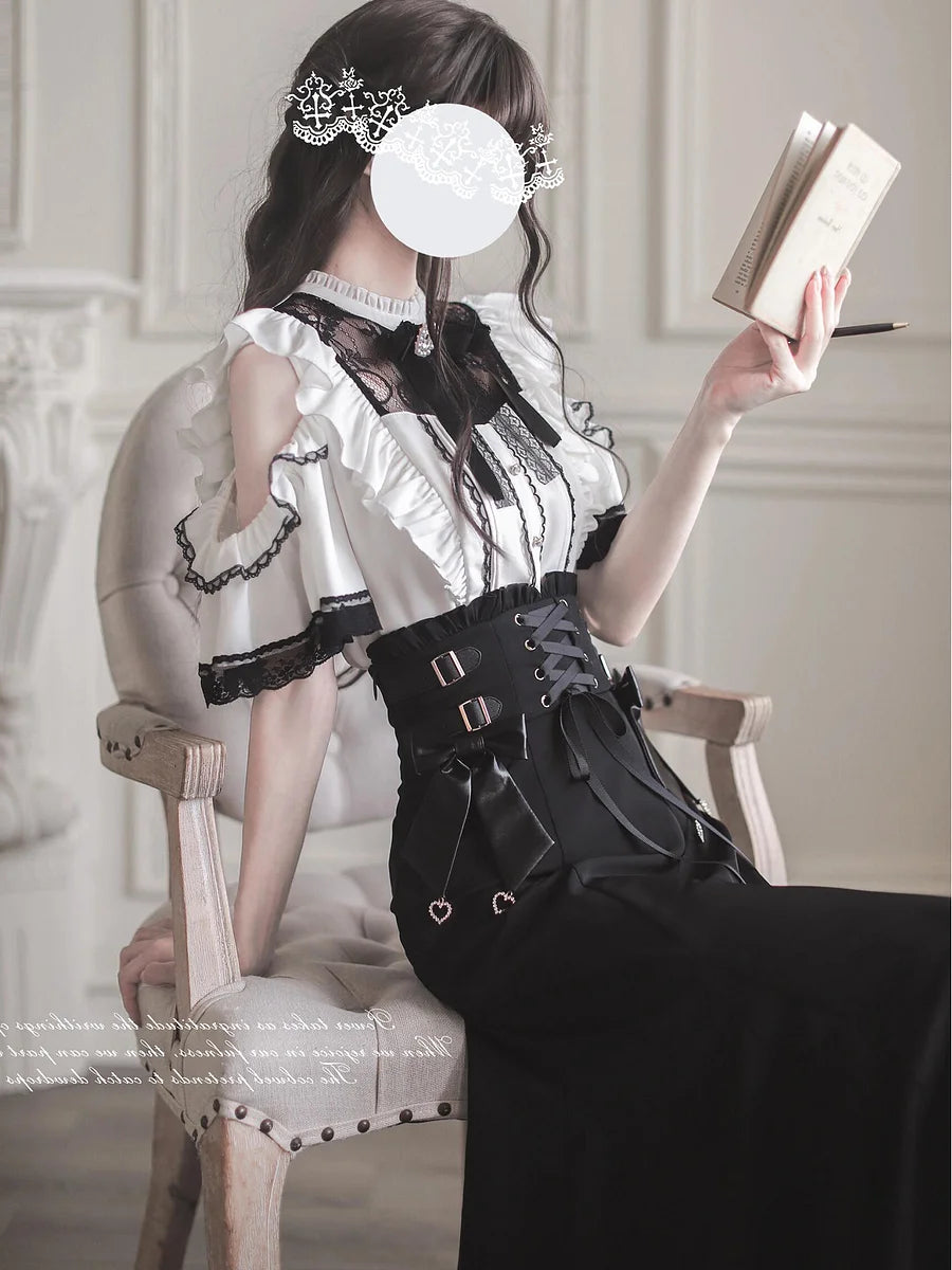 Jirai Kei Fashion Lolita Ruffled Off Shoulder Corset Skirt Set Black White Lace Set Dress
