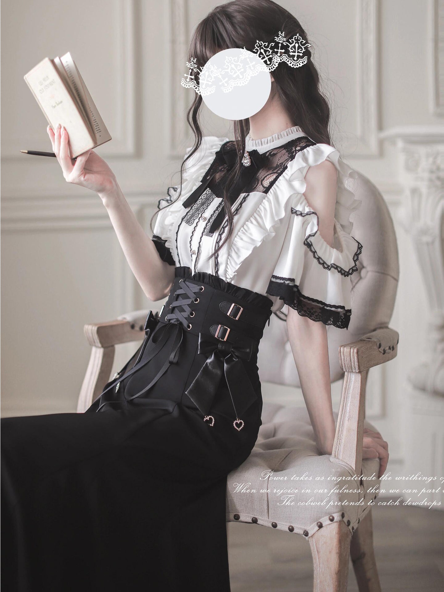 Jirai Kei Fashion Lolita Ruffled Off Shoulder Corset Skirt Set Black White Lace Set Dress
