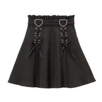 Jirai Kei Fashion Lolita Ruffled Waist Lace Up Skirt Set Black Sweet Heart Accent Set Dress