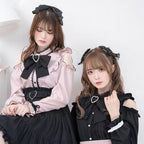 Jirai Kei Fashion Lolita Ruffled Waist Lace Up Skirt Set Black Sweet Heart Accent Set Dress