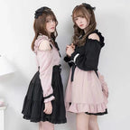 Jirai Kei Fashion Lolita Ruffled Waist Lace Up Skirt Set Black Sweet Heart Accent Set Dress