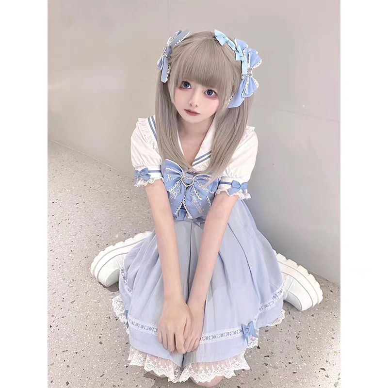 Jirai Kei Fashion Sweet Lolita Sailor Dress Blue White Ruffled Lace Bow Set
