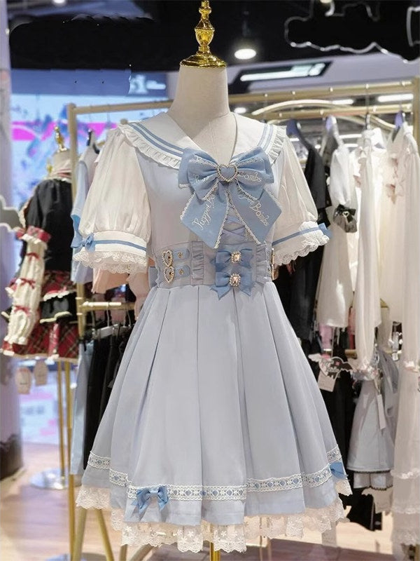 Jirai Kei Fashion Sweet Lolita Sailor Dress Blue White Ruffled Lace Bow Set