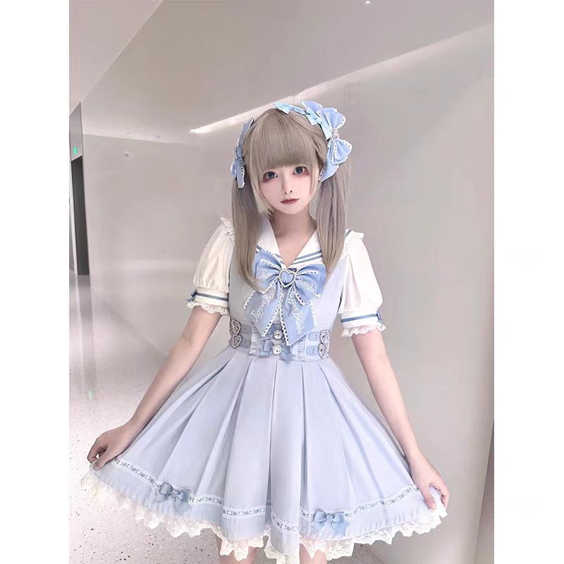 Jirai Kei Fashion Sweet Lolita Sailor Dress Blue White Ruffled Lace Bow Set
