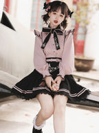 Jirai Kei Fashion Goth Lolita Qi Lolita Pink Blouse Embroidered Skirt Set Sweet Bow Trim Set