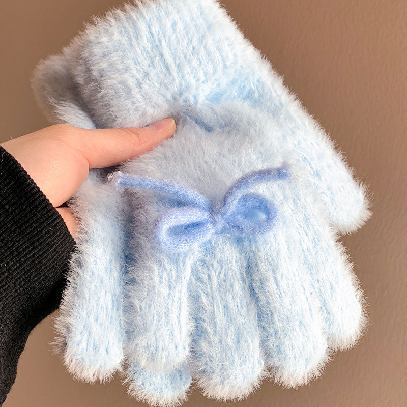 Lolita Hand Accessory Korean Cute Blue Bow Plush Knitted Gloves Women's Autumn and Winter Velvet