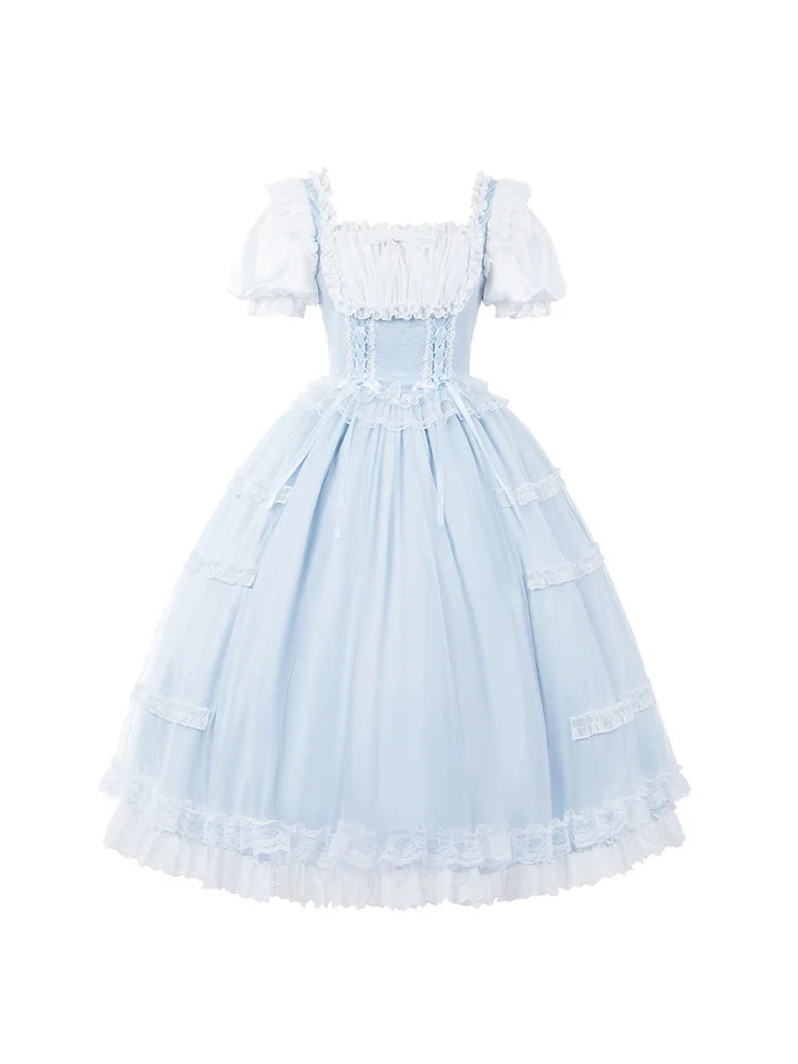 Light Blue Elegant Short Sleeve Dress Sweet Classic Lolita Square Neck Dress