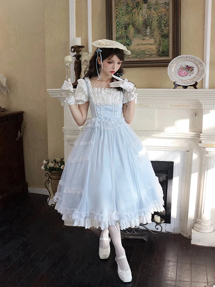 Light Blue Elegant Short Sleeve Dress Sweet Classic Lolita Square Neck Dress