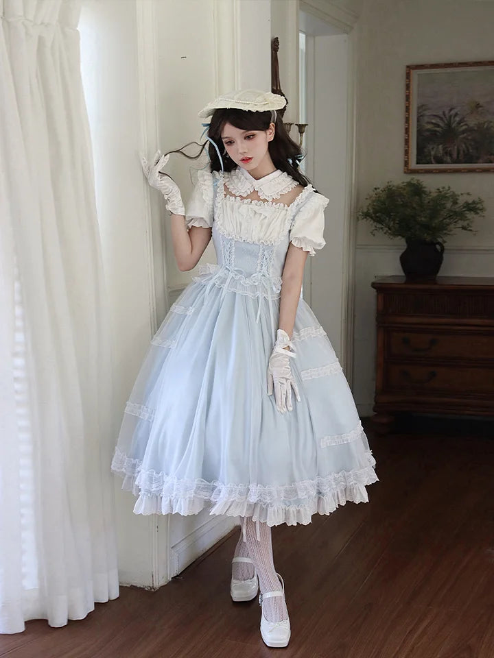 Light Blue Elegant Short Sleeve Dress Sweet Classic Lolita Square Neck Dress
