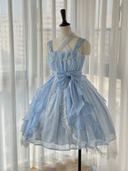 Hime Lolita Light Blue Pearl Elegant Short Prom Organza Lace  Fairy Princess Dress