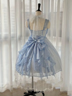 Hime Lolita Light Blue Pearl Elegant Short Prom Organza Lace  Fairy Princess Dress