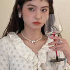 Light Luxury Red Bow Pearl Necklace Choker Earrings Women's Lolita Accessories