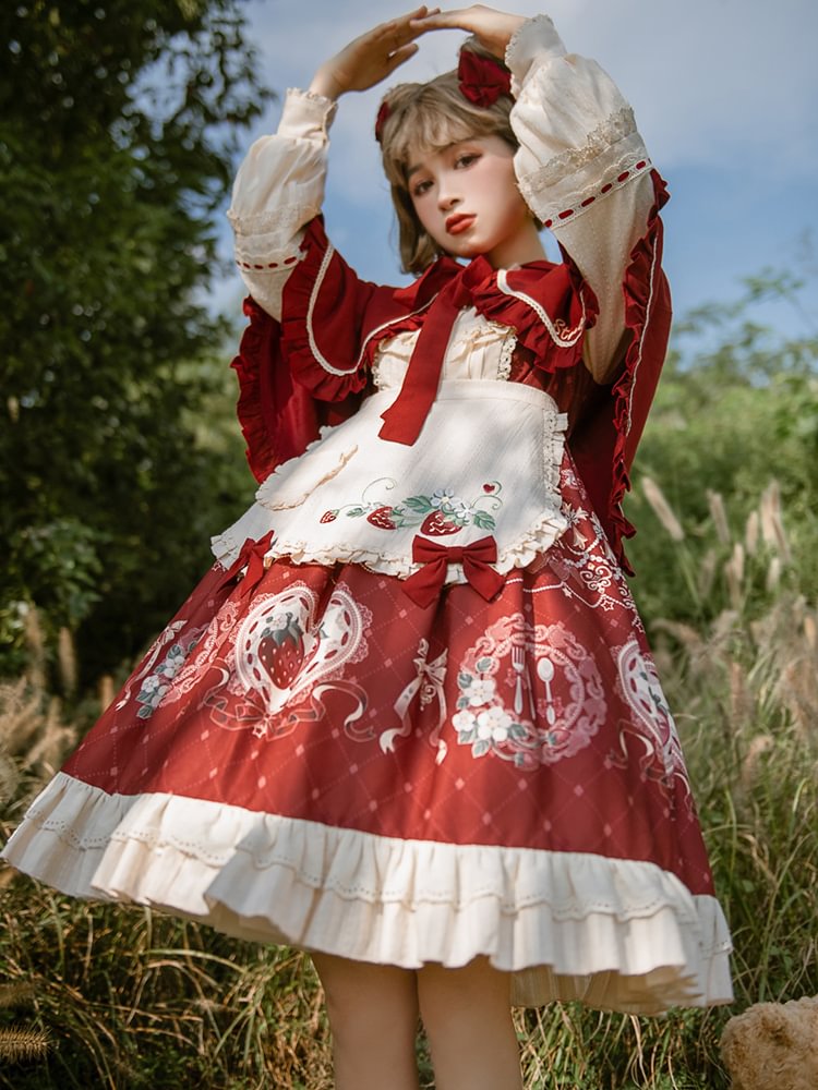 Little Red Riding Hood Cloak Jacket Sweet Red Strawberry Dress Lolita Long Sleeve Dress