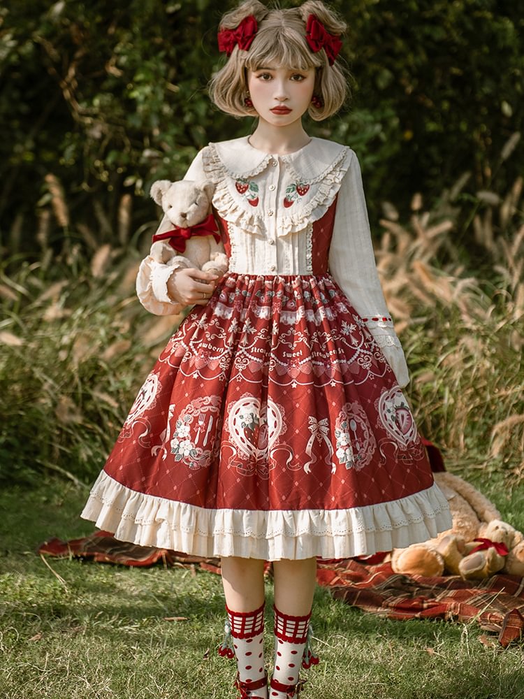 Little Red Riding Hood Cloak Jacket Sweet Red Strawberry Dress Lolita Long Sleeve Dress