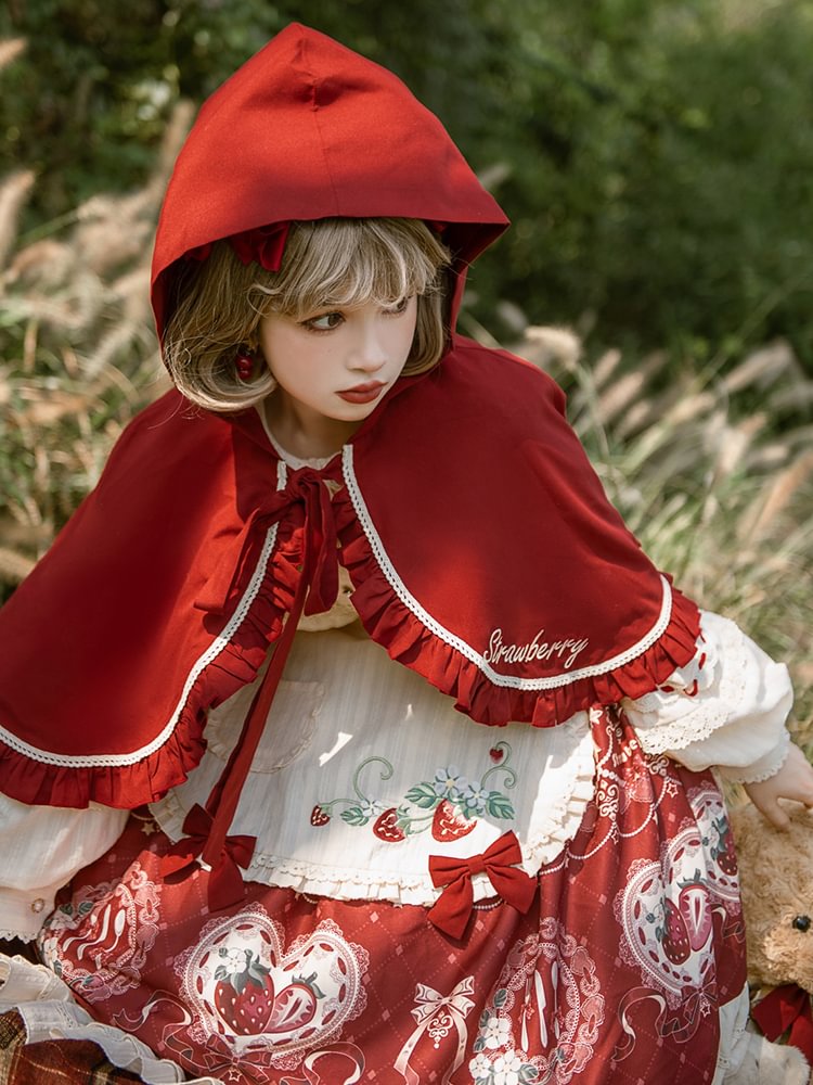 Little Red Riding Hood Cloak Jacket Sweet Red Strawberry Dress Lolita Long Sleeve Dress