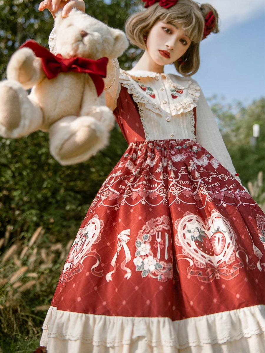 Little Red Riding Hood Cloak Jacket Sweet Red Strawberry Dress Lolita Long Sleeve Dress