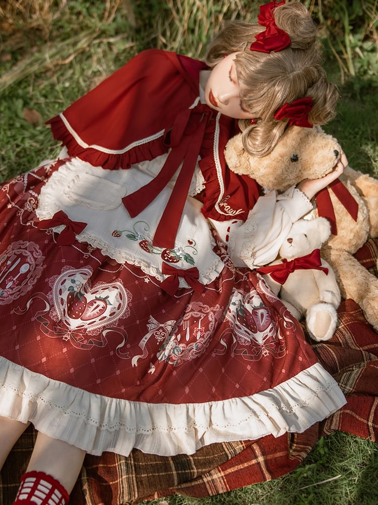 Little Red Riding Hood Cloak Jacket Sweet Red Strawberry Dress Lolita Long Sleeve Dress