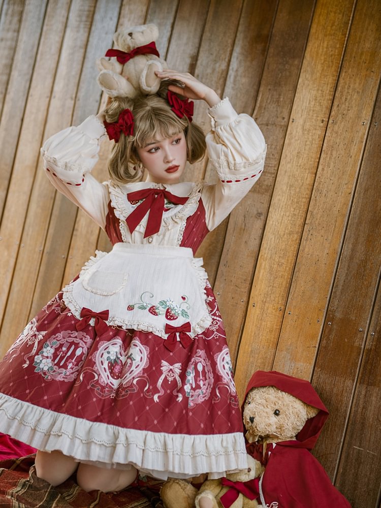 Little Red Riding Hood Cloak Jacket Sweet Red Strawberry Dress Lolita Long Sleeve Dress