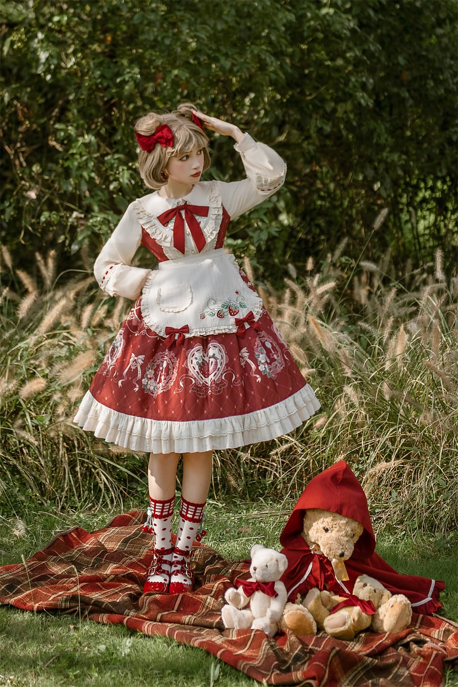 Little Red Riding Hood Cloak Jacket Sweet Red Strawberry Dress Lolita Long Sleeve Dress