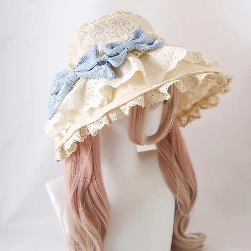 Lolita Accessories Headwear Apricot Lace Bow Wide-brimmed Hat Hair Accessories