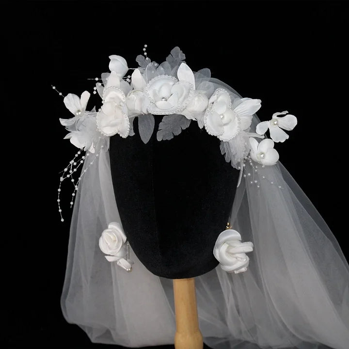 Lolita Accessories White Flowers Bridal Tiara Veil Lolita Hair Accessory Headband Wedding Accessories Headwear and Accessories