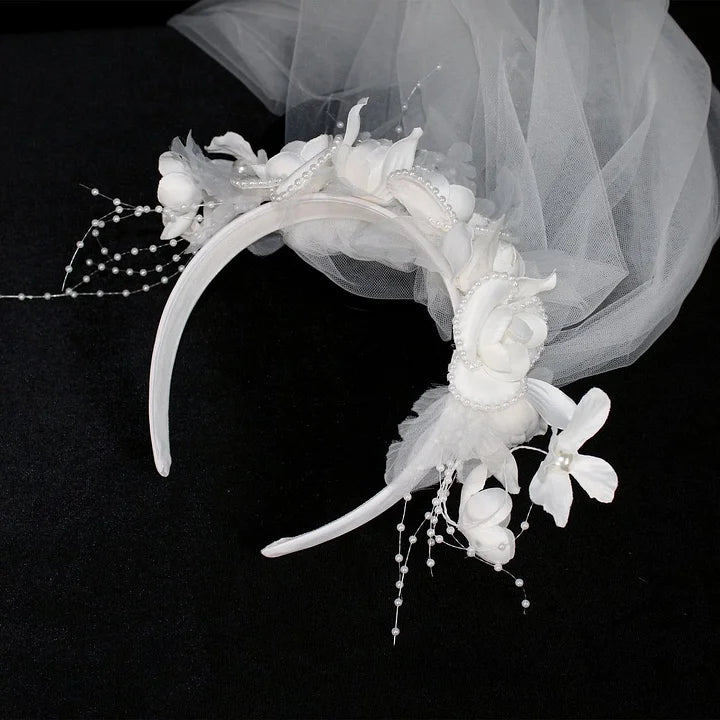 Lolita Accessories White Flowers Bridal Tiara Veil Lolita Hair Accessory Headband Wedding Accessories Headwear and Accessories