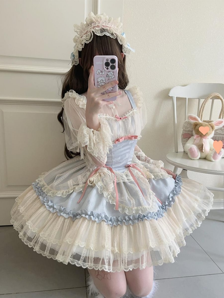 Hime Lolita Sweet Blue Pink Apricot Princess Ballet Suspender Cake Dress