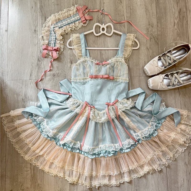 Hime Lolita Sweet Blue Pink Apricot Princess Ballet Suspender Cake Dress