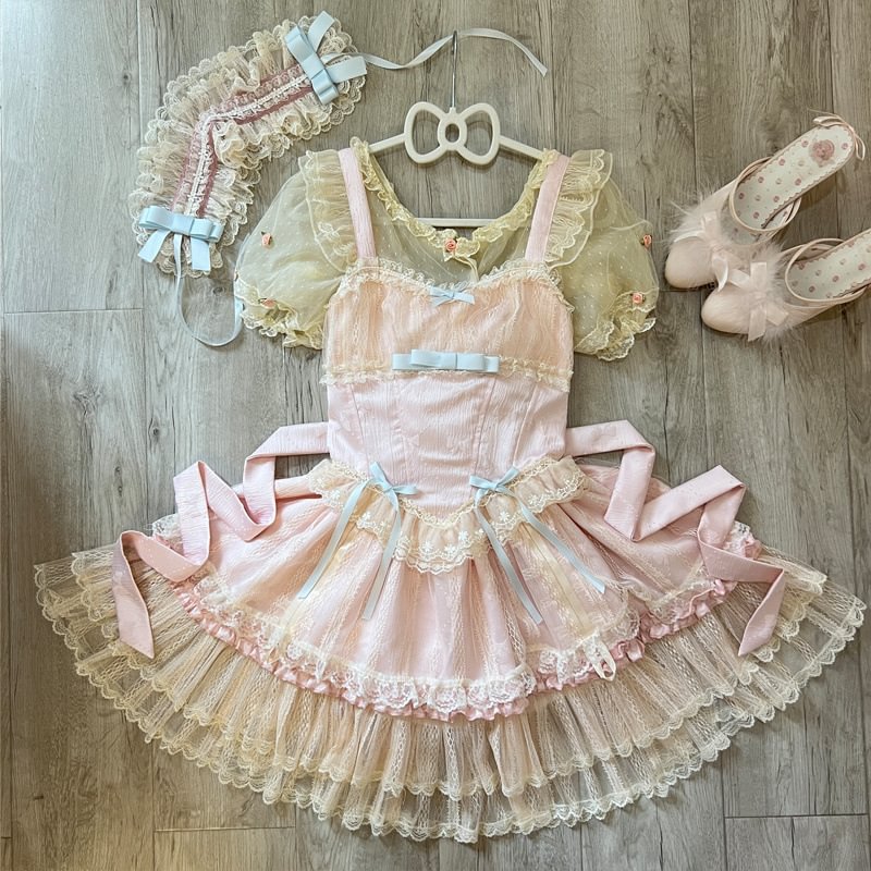 Hime Lolita Sweet Blue Pink Apricot Princess Ballet Suspender Cake Dress
