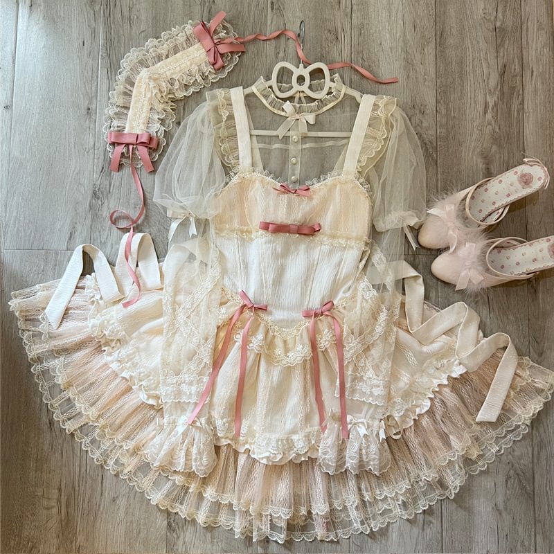 Hime Lolita Sweet Blue Pink Apricot Princess Ballet Suspender Cake Dress